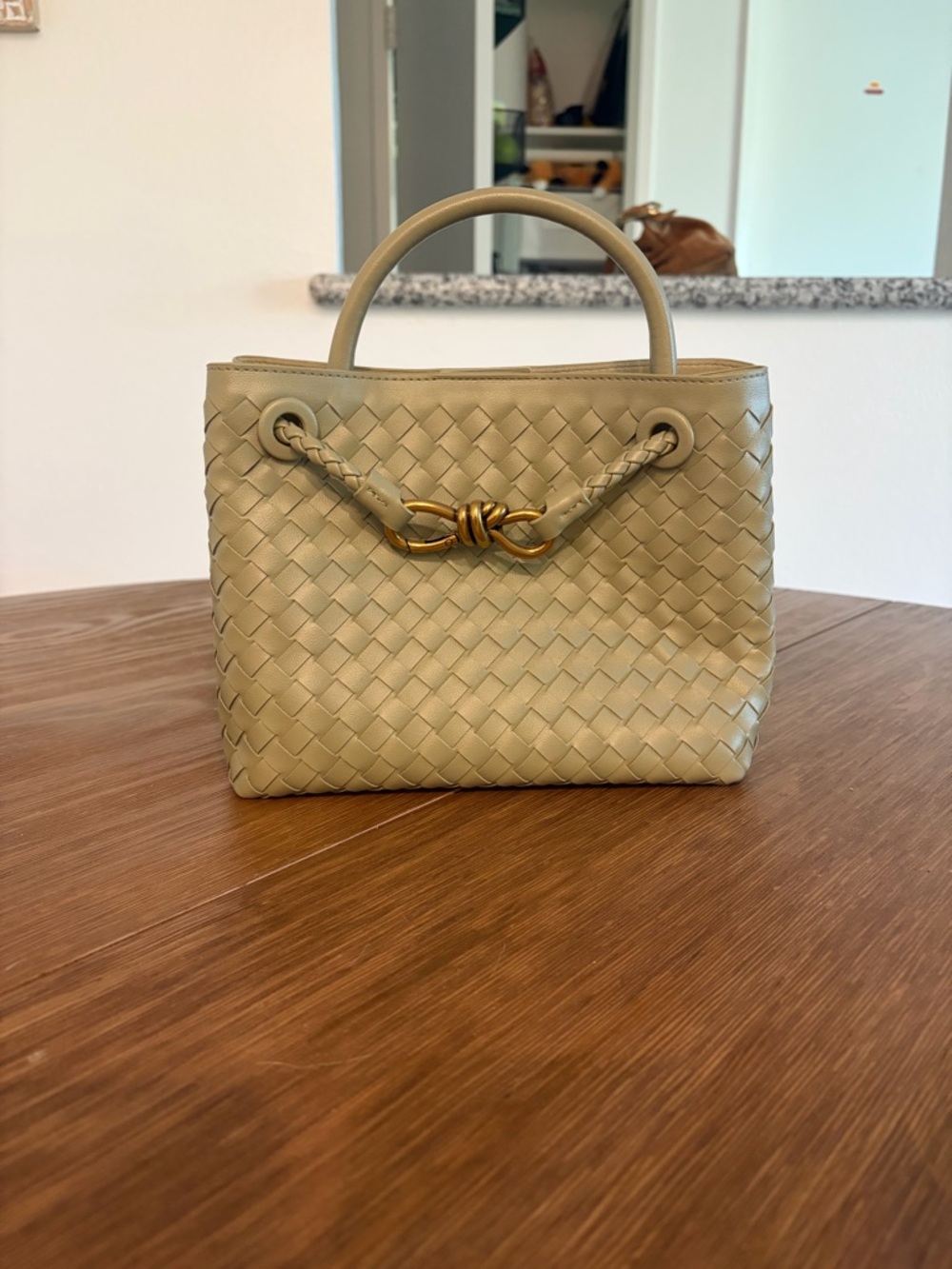 Woven Leather Top-Handle Tote in Light Sage Green